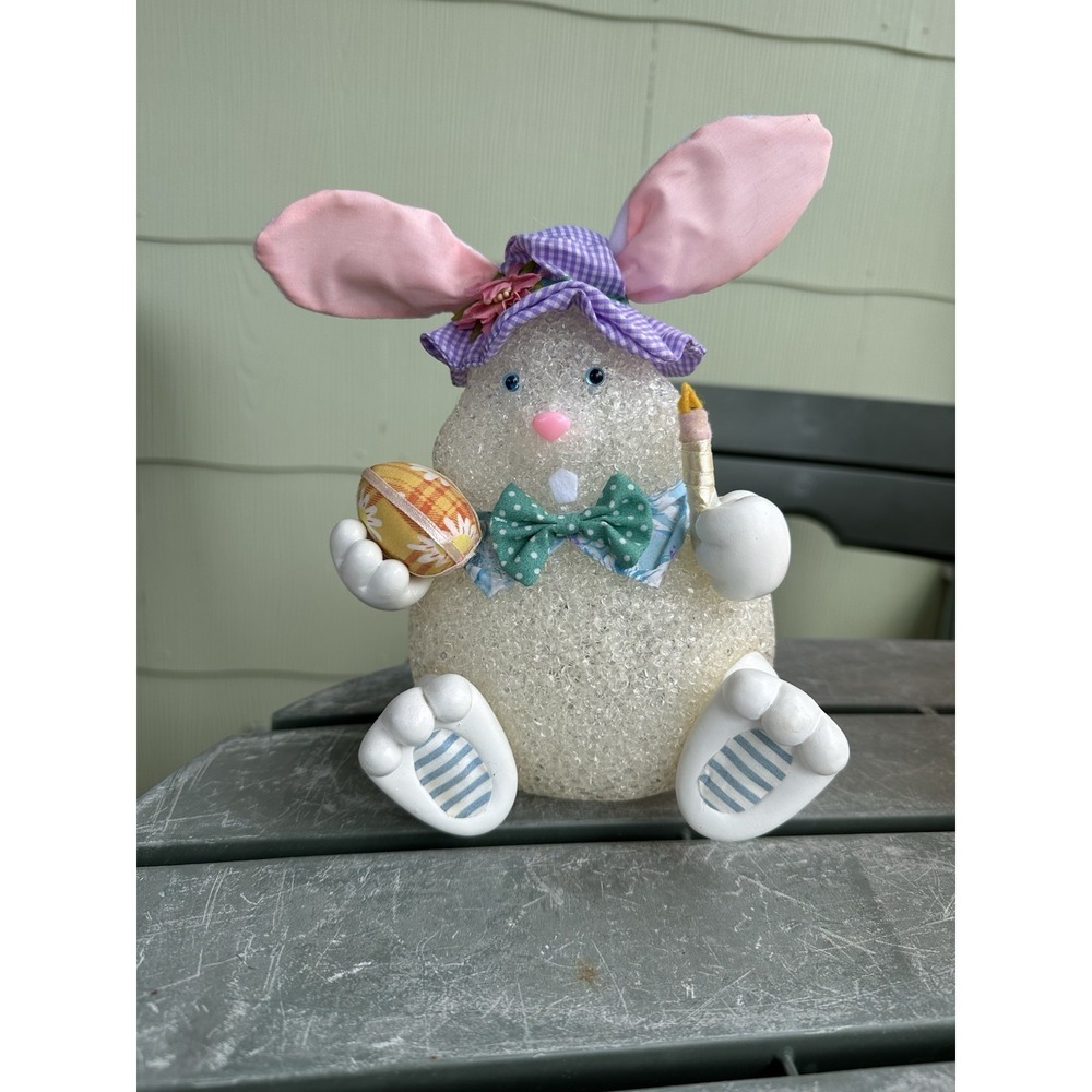 VTG‎ Easter Lighted Bunny  Decor  Popcorn Style Melted Plastic Purple hat Egg